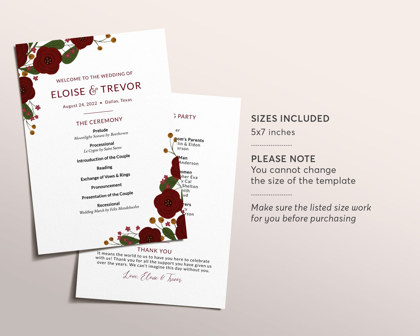 Burgundy Floral Wedding Program Template, Modern Wedding Reception Program, Fall Wedding, Editable Template Printable, Botanical Greenery
