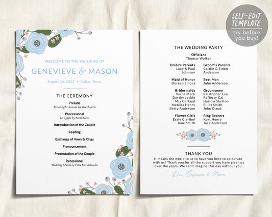 Dusty Blue Floral Wedding Program Template, Spring Garden Wedding, Editable Template, Boho Modern Wedding Reception Program
