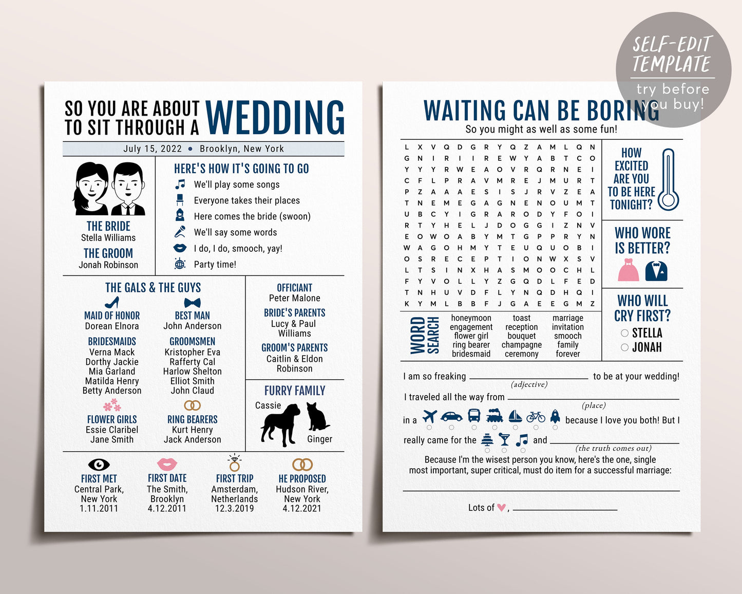 Modern Infographic Wedding Program, Navy Reception Program, Funny Unique Wedding Program, Word Search, Mad Libs, Wedding Advice Card