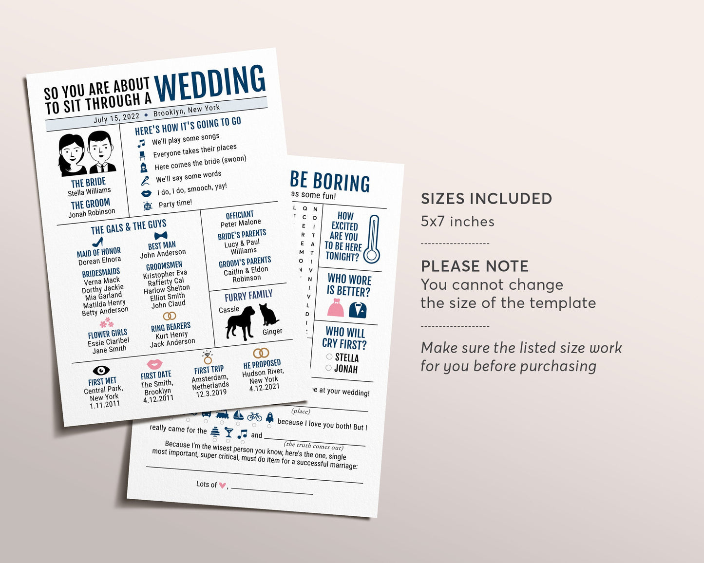 Modern Infographic Wedding Program, Navy Reception Program, Funny Unique Wedding Program, Word Search, Mad Libs, Wedding Advice Card