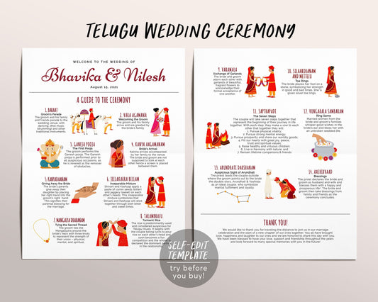 Editable Telugu Ceremony Program, Telugu Wedding Program, South Indian Wedding Ceremony, Hindu Wedding Ceremony Program, Hindu Infographic