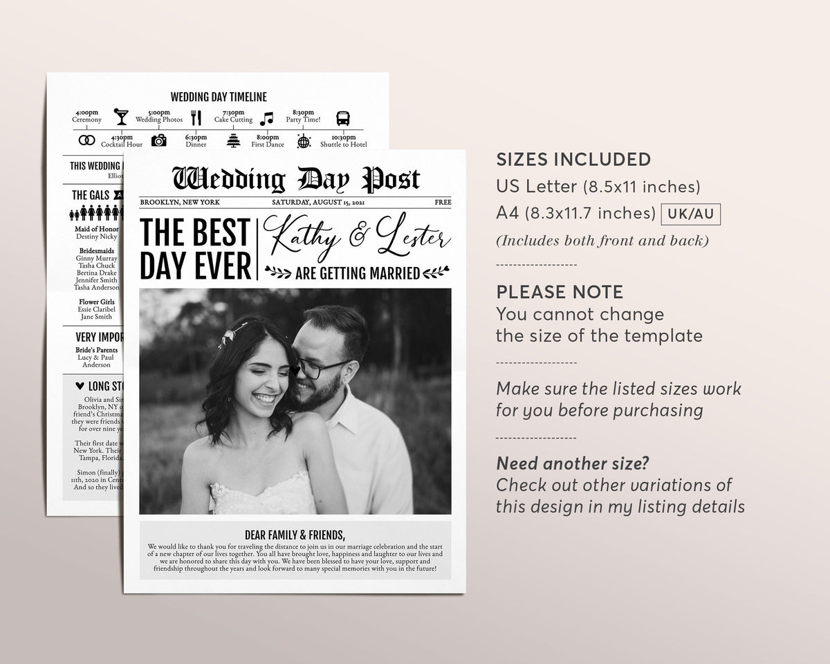 Newspaper Ceremony Program Template, Editable Program, Wedding Program ...