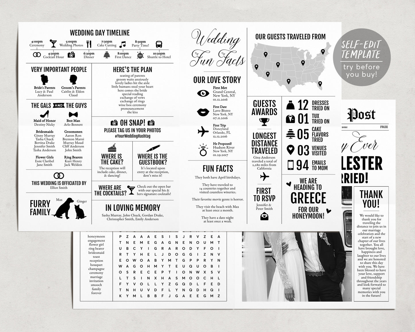 Large Newspaper Wedding Program Template, Folded Modern Reception Program, Infographic Wedding Program, Printable Wedding Timeline