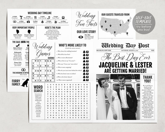 Large Newspaper Wedding Program Template, Folded Modern Reception Program, Infographic Wedding Program, Printable Wedding Timeline