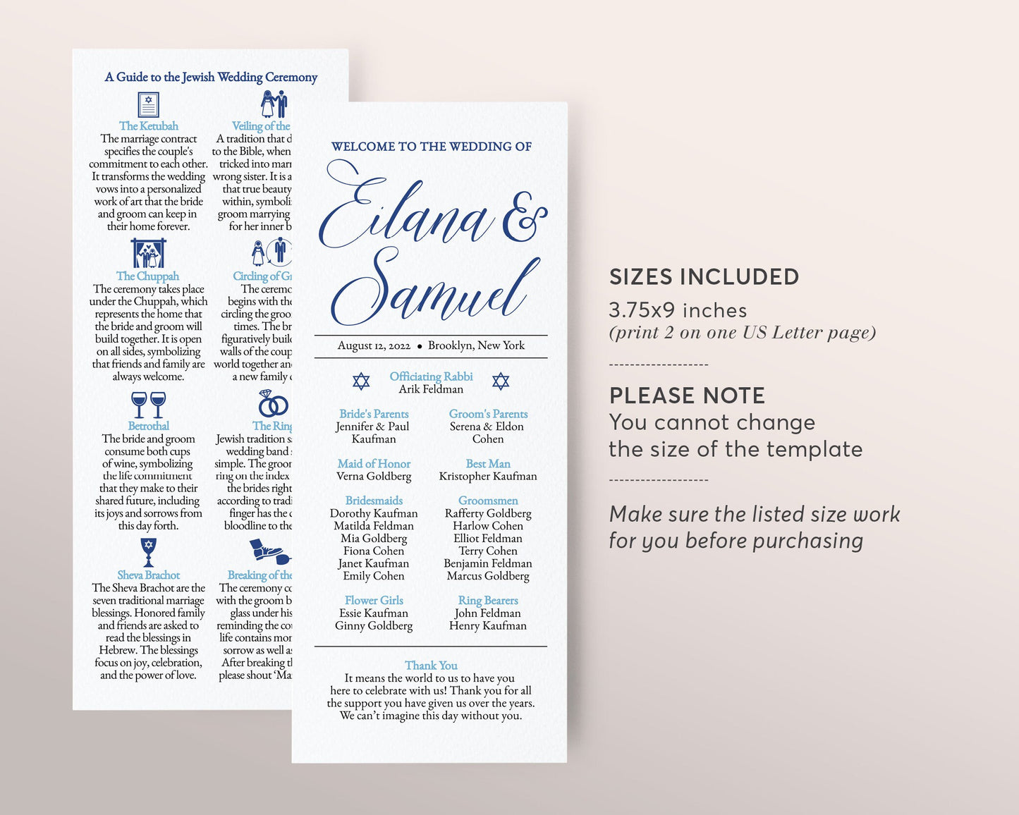 Jewish Wedding Program Template, Jewish Explanation, Judaica Icons, Minimal program, Long Wedding Program, Religious Wedding Program Guide