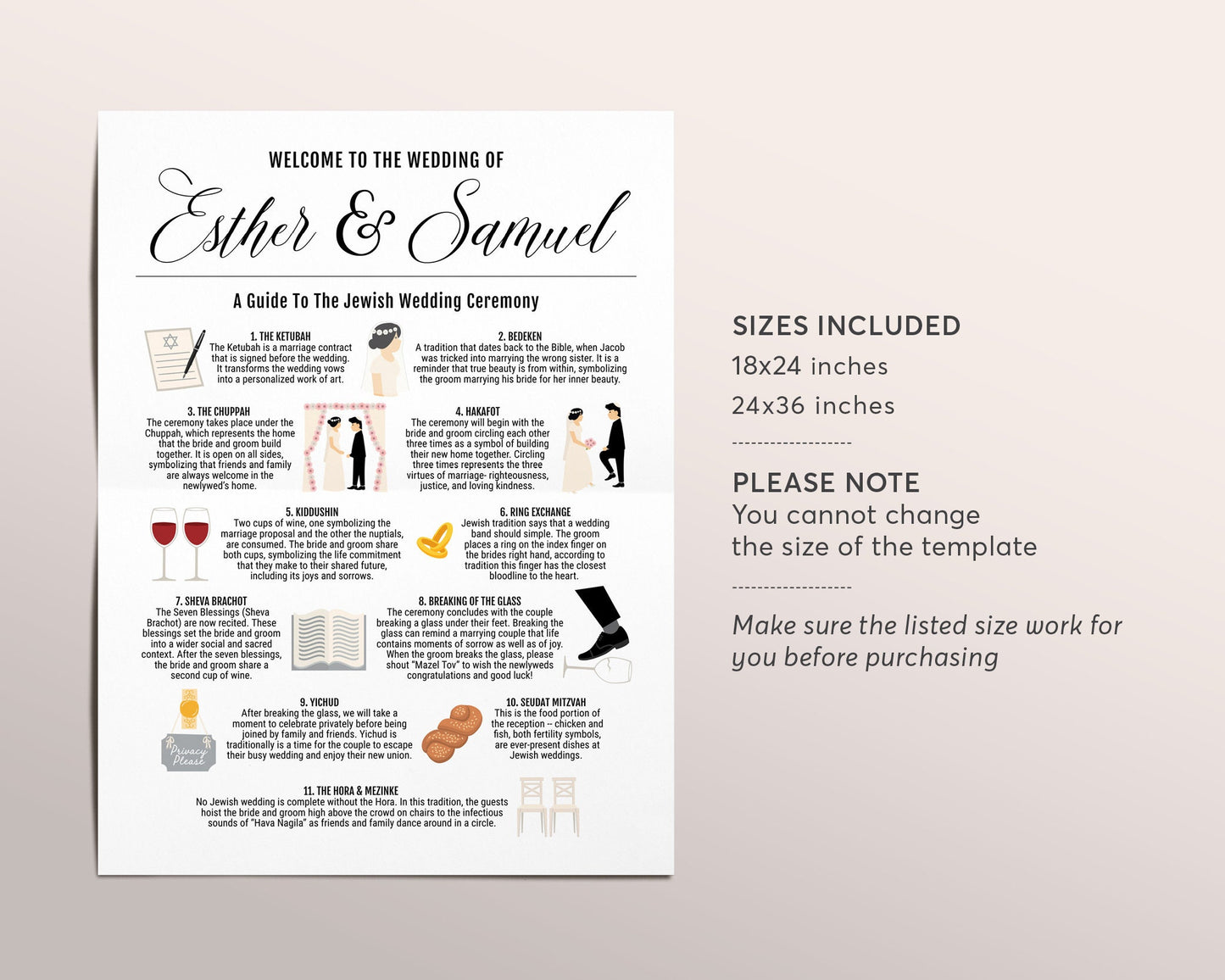 Editable Jewish Wedding Sign Template, Jewish Ceremony Program Infographic, Jewish Wedding Guide, Welcome Sign, Jewish Traditions