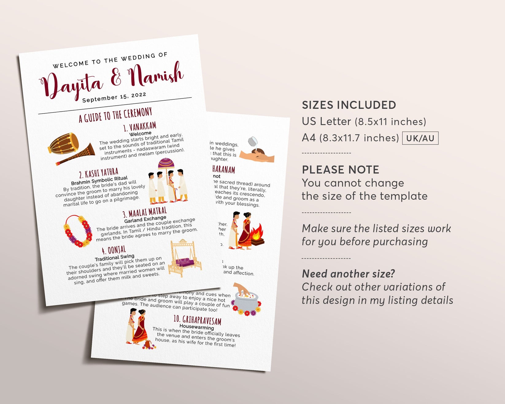 South Indian Wedding Program Template, Editable Brahmin Tamil Wedding