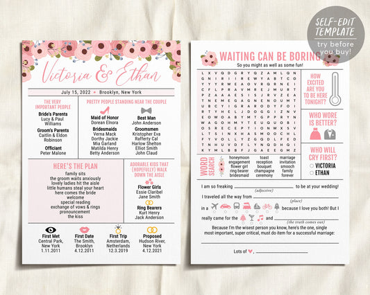 Fun Infographic Wedding Program Template, Blush Floral Template, Word Search, Mad Libs, Wedding Advice Card, Funny Reception Program