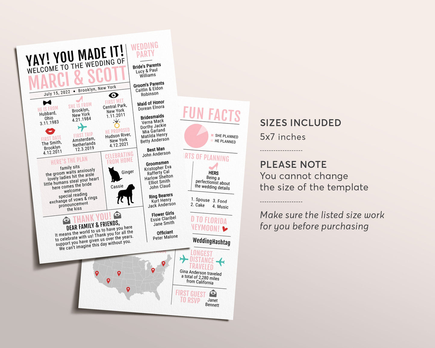 Blush Infographic Wedding Program, Editable Modern Reception Program, Funny Unique Wedding Program, Wedding Fun Facts, Garden Wedding