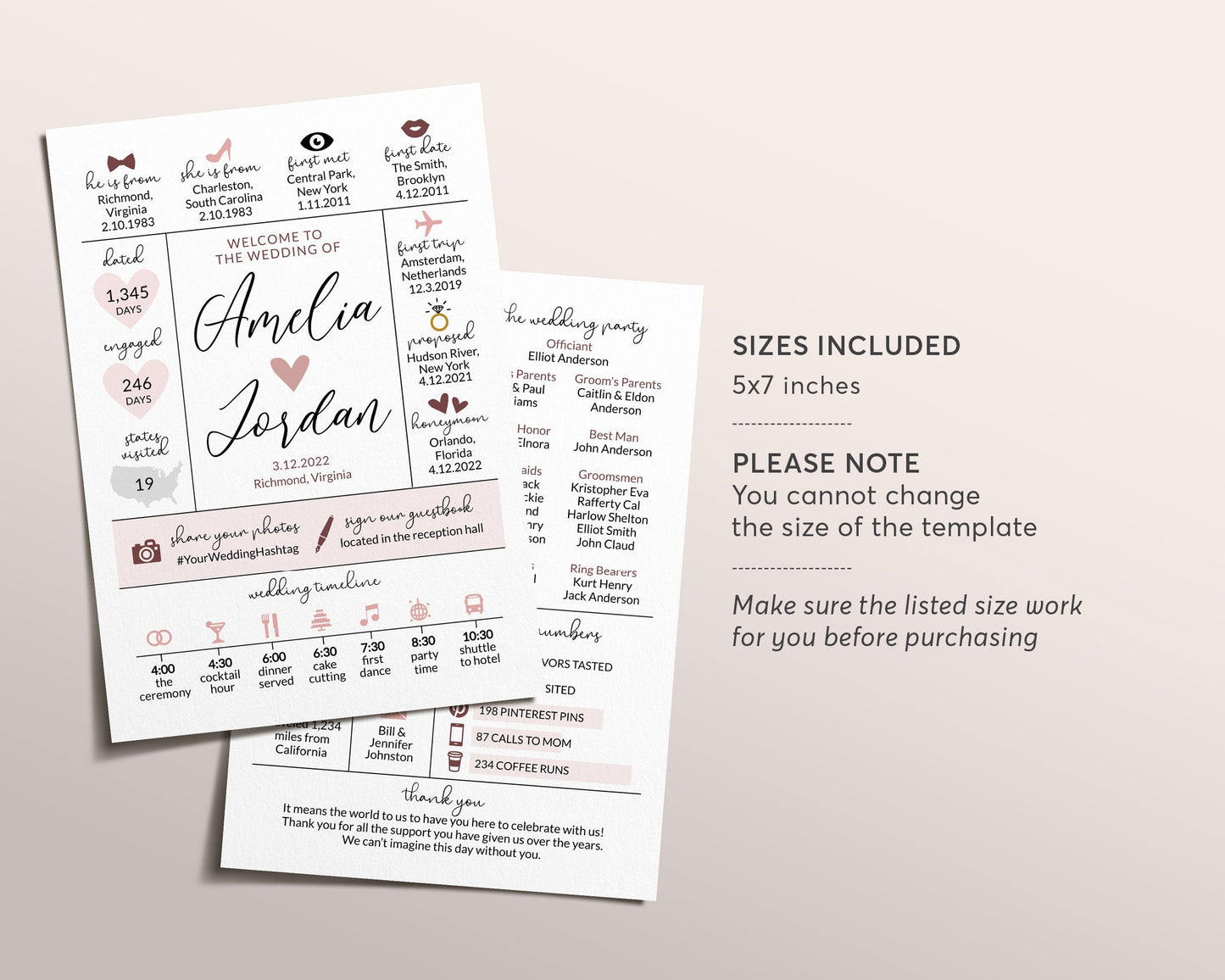 Bohemian Dusty Rose Wedding Program Template, Boho Infographic Reception Program, Wedding Timeline, Unique Ceremony Program, Wild Rose Pink