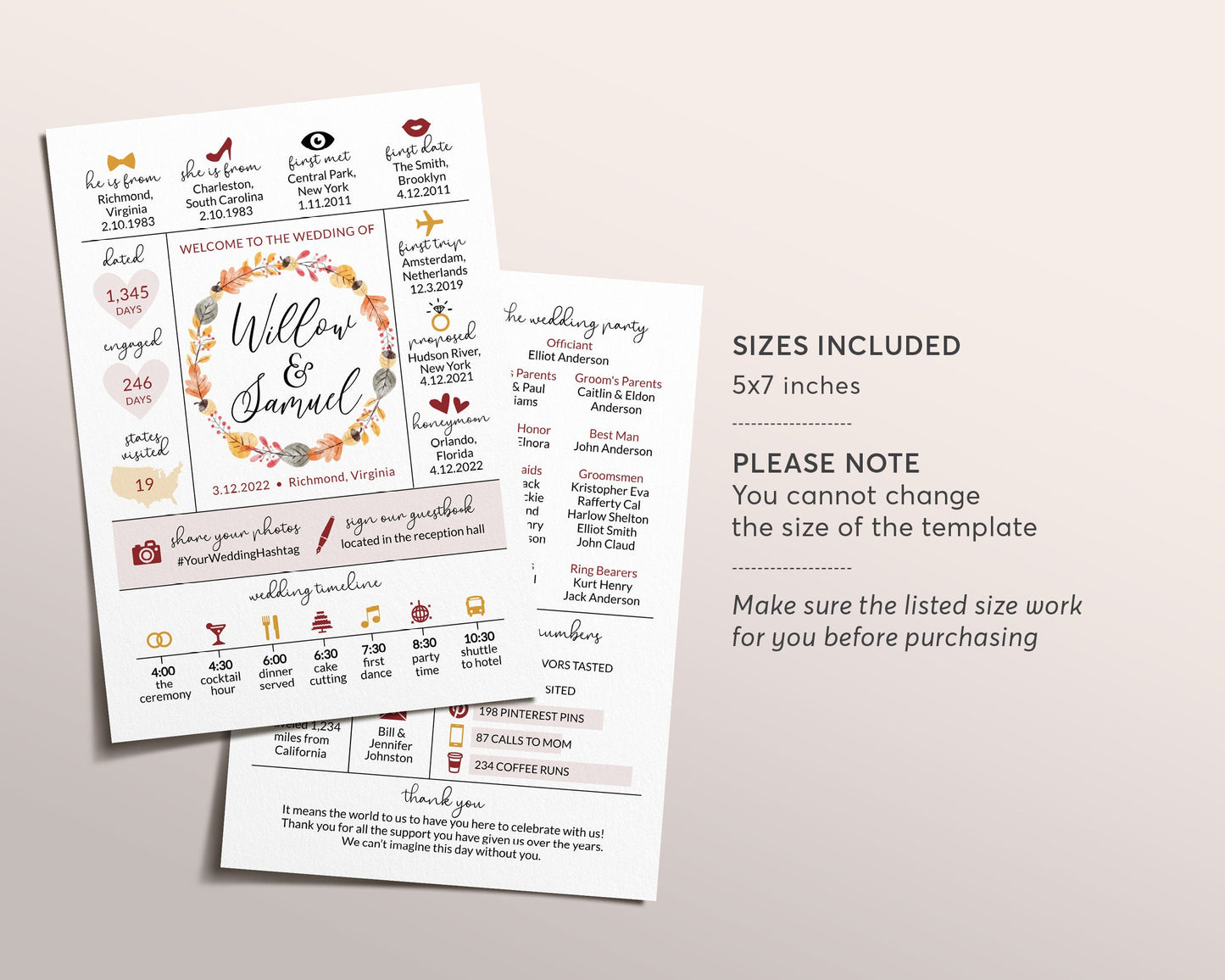Editable Fall Wedding Program, Autumn Boho Infographic Reception Program, Wedding Timeline, Unique Bohemian Ceremony Program, Rustic Wedding