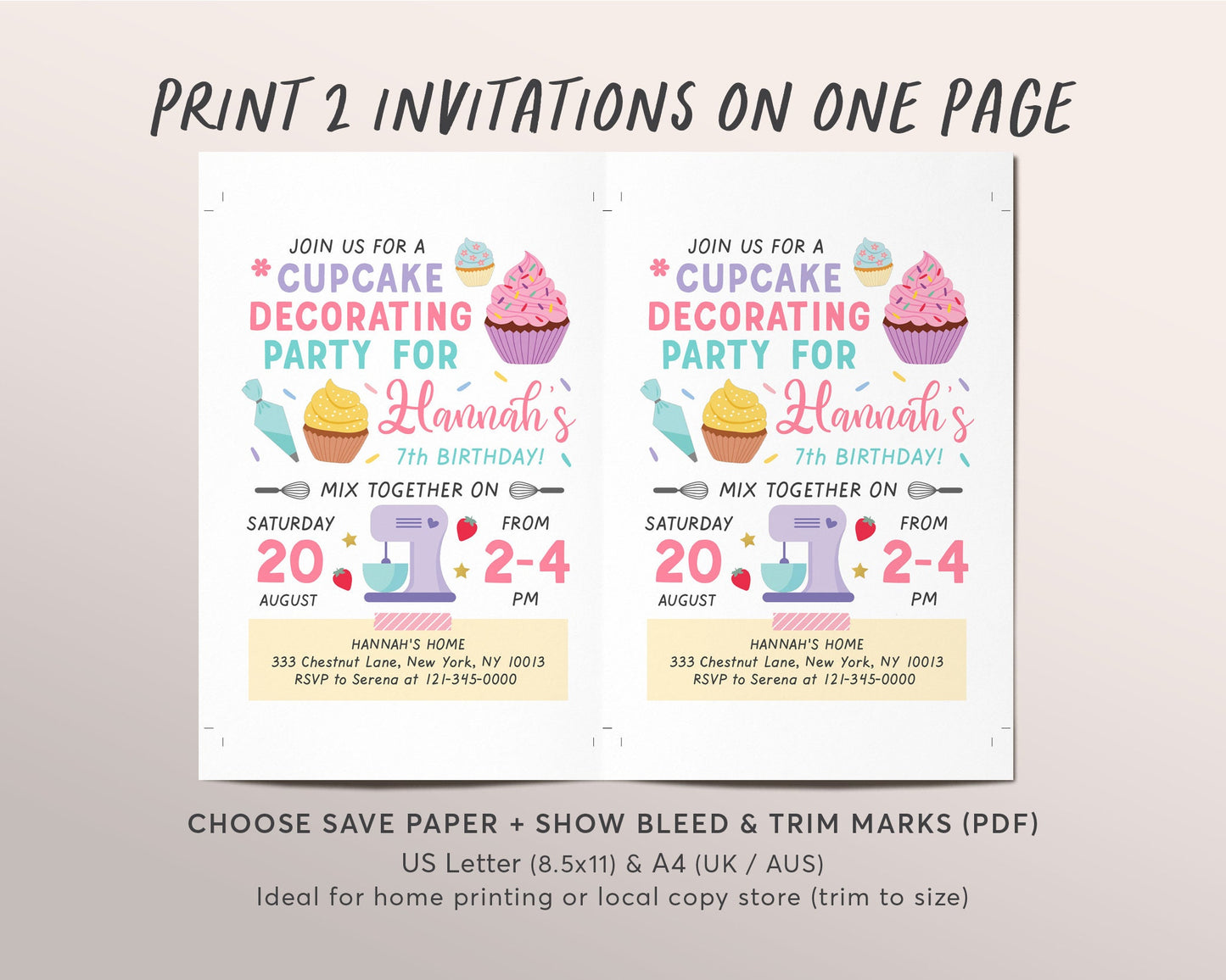 Editable Baking Birthday Party Invitation Template, Cupcake Decorating Party Evite, Kids Cooking, Birthday Girl Chef Cupcake Invite