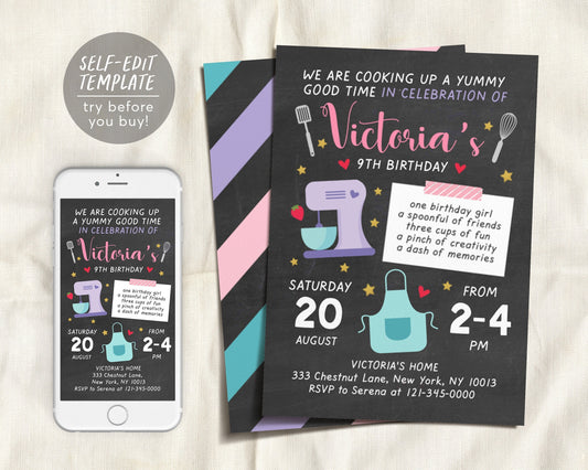 Editable Kids Cooking Birthday Invitation Template,  Kitchen Cooking Class Birthday Invite, Cupcake Baking Party, Girl Chef Baking Evite