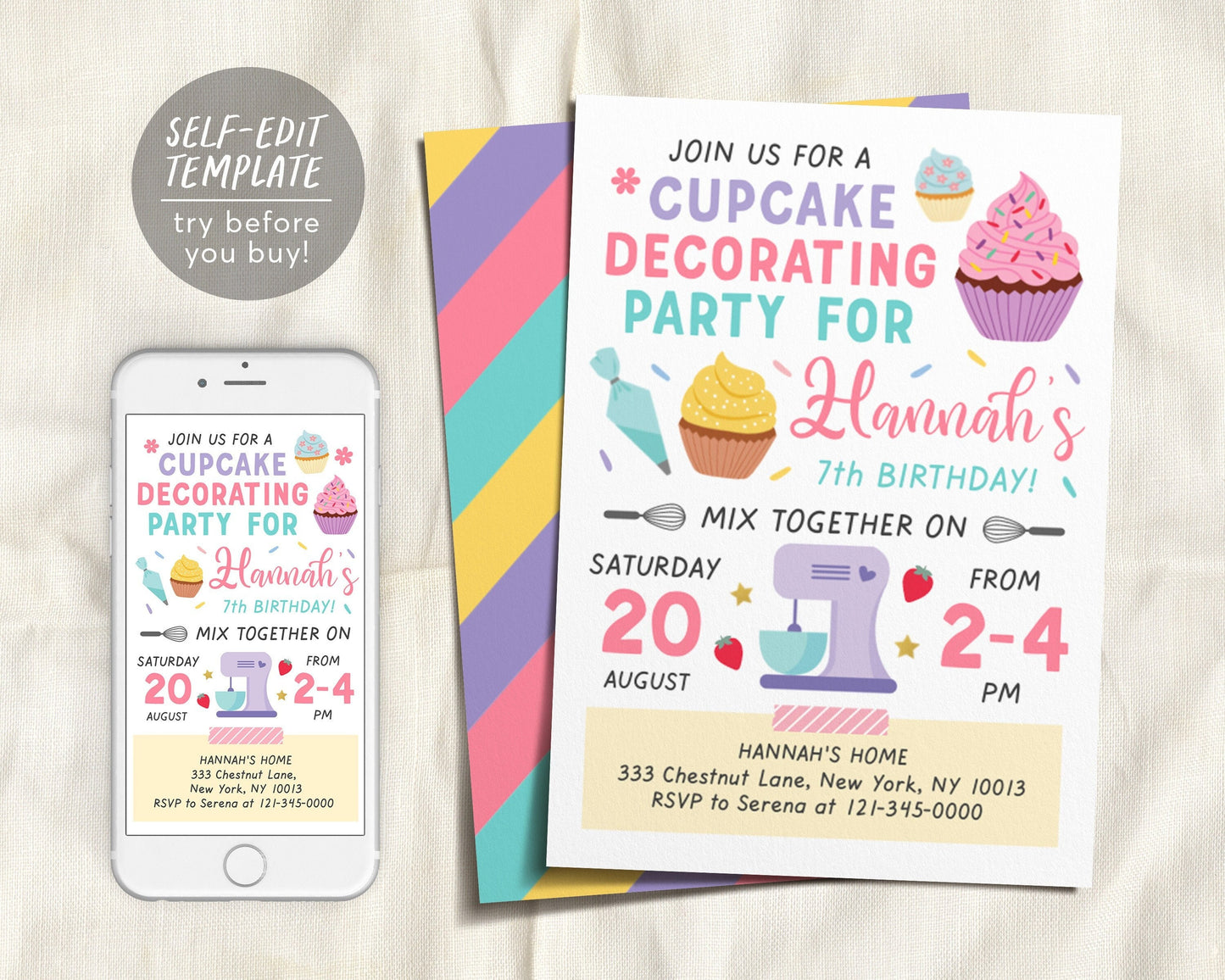 Editable Baking Birthday Party Invitation Template, Cupcake Decorating Party Evite, Kids Cooking, Birthday Girl Chef Cupcake Invite