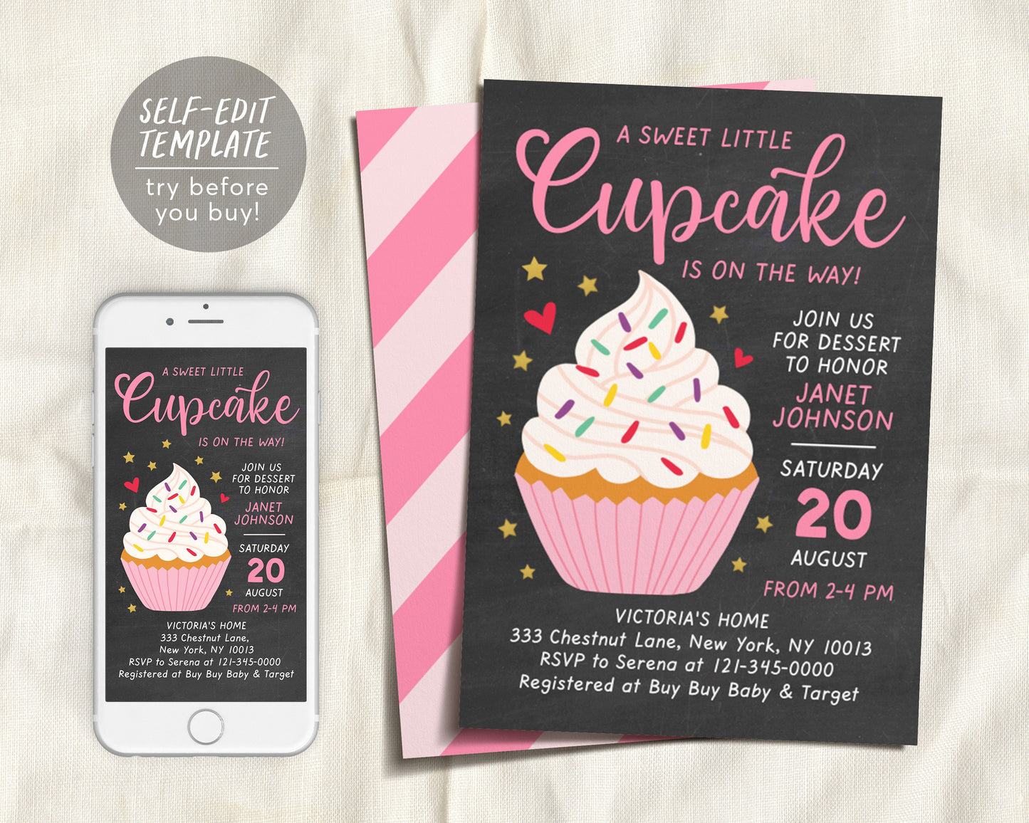 A Little Cupcake is on Her Way Baby Shower Invitation, Editable Cupcake Baby Shower Invite, Electronic Girl Baby Shower Evite, It's a Girl