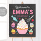 Editable Cupcake Birthday Welcome Sign Template, Girl Baking Party Birthday Chalkboard Welcome Sign Printable, Cooking Party Welcome Sign