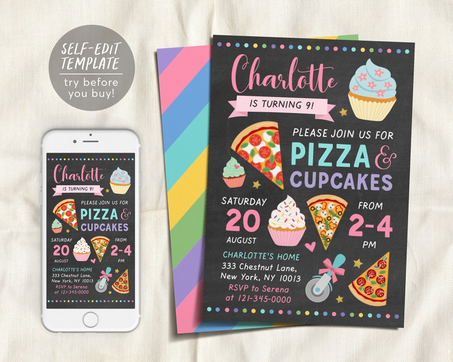 Pizza and Cupcakes Birthday Party Invitation Editable Template, Chef Baking, Chalkboard Kids Party Invite, Girl Teen Tween Printable