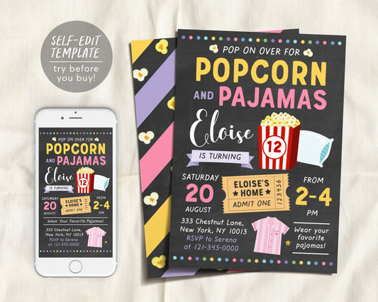 Popcorn and Pajamas Party Birthday Invitation Template, Editable Movie Night Invite, Slumber Party, Sleepover Birthday Digital Invitation