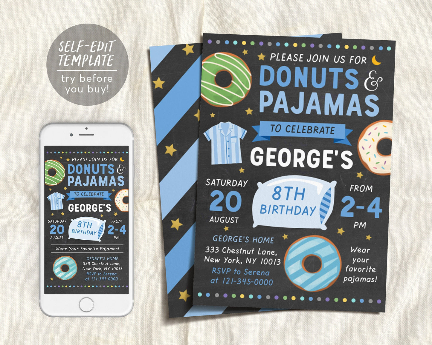 Donuts and Pajamas Party Birthday Invitation Template, Chalkboard Boy Donuts Party Invite, Slumber Party, Sleepover Birthday Digital