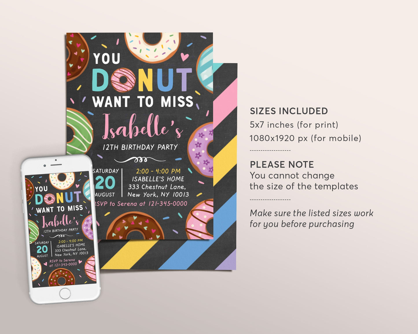 Editable Donut Invitation Template, You Donut Want to Miss Birthday Evite, Girl Sweet Doughnut Birthday, Chalkboard Girl Donuts Party Invite