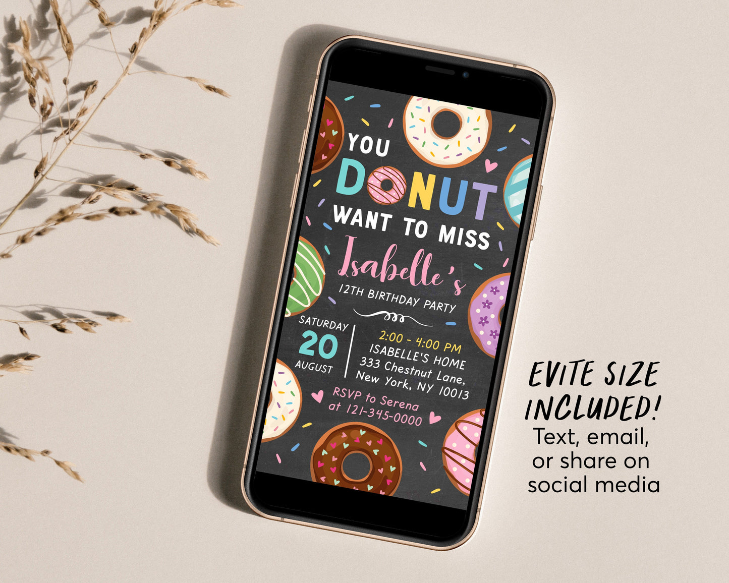 Editable Donut Invitation Template, You Donut Want to Miss Birthday Evite, Girl Sweet Doughnut Birthday, Chalkboard Girl Donuts Party Invite