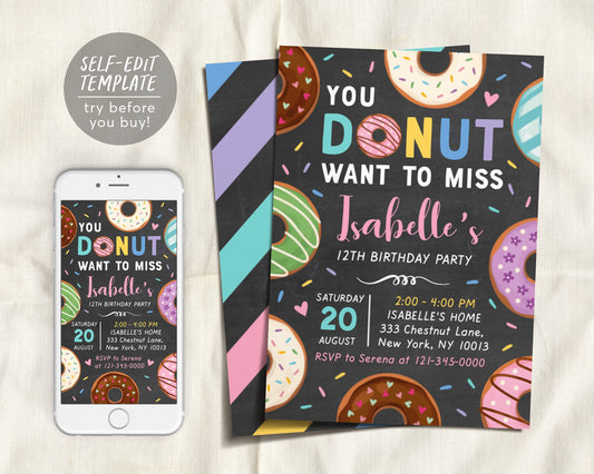 Editable Donut Invitation Template, You Donut Want to Miss Birthday Evite, Girl Sweet Doughnut Birthday, Chalkboard Girl Donuts Party Invite