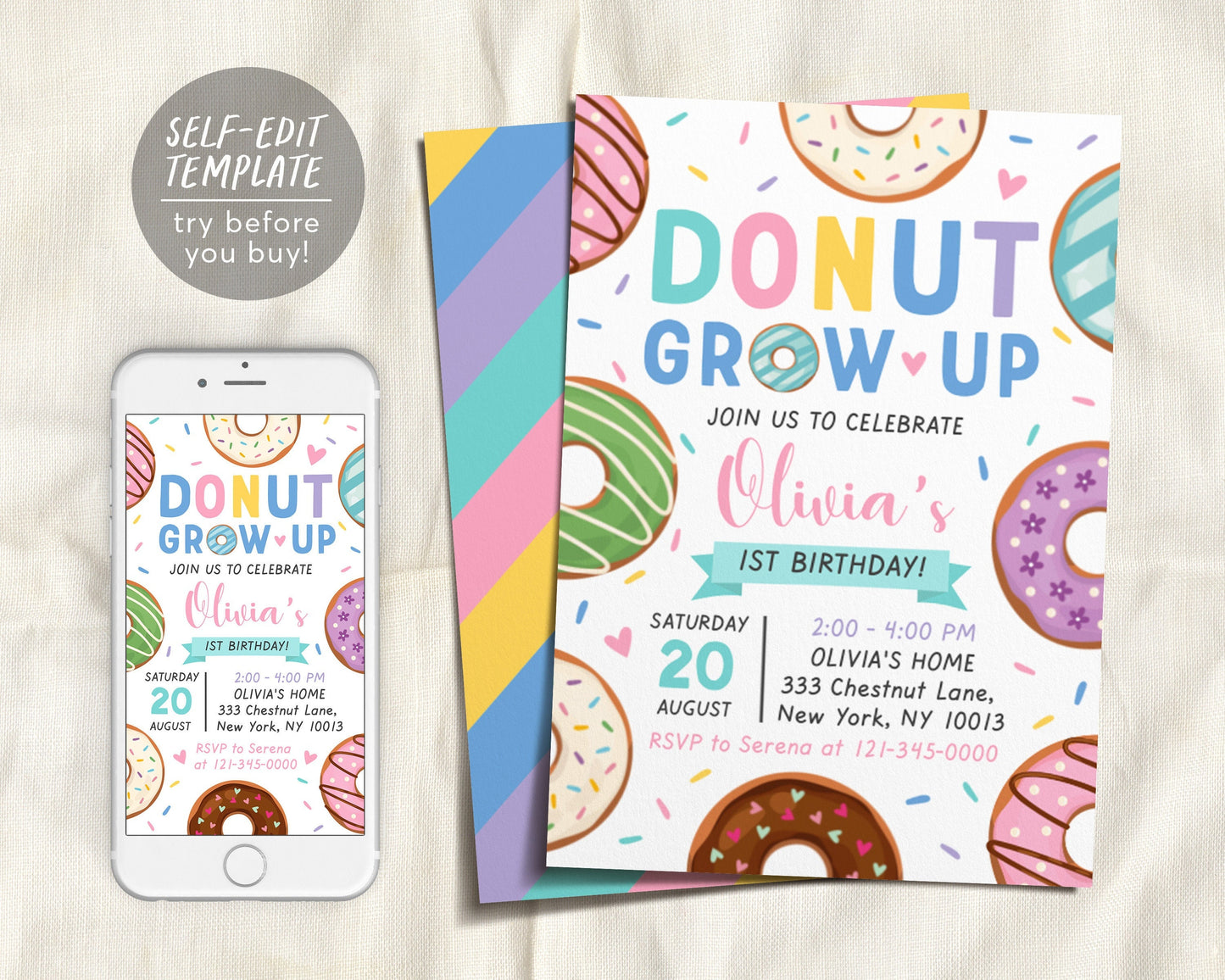 Donut Grow Up Birthday Invitation First Birthday Template, Editable Donut Invitation 1st Birthday Printable, Pink Girl Sweet Birthday