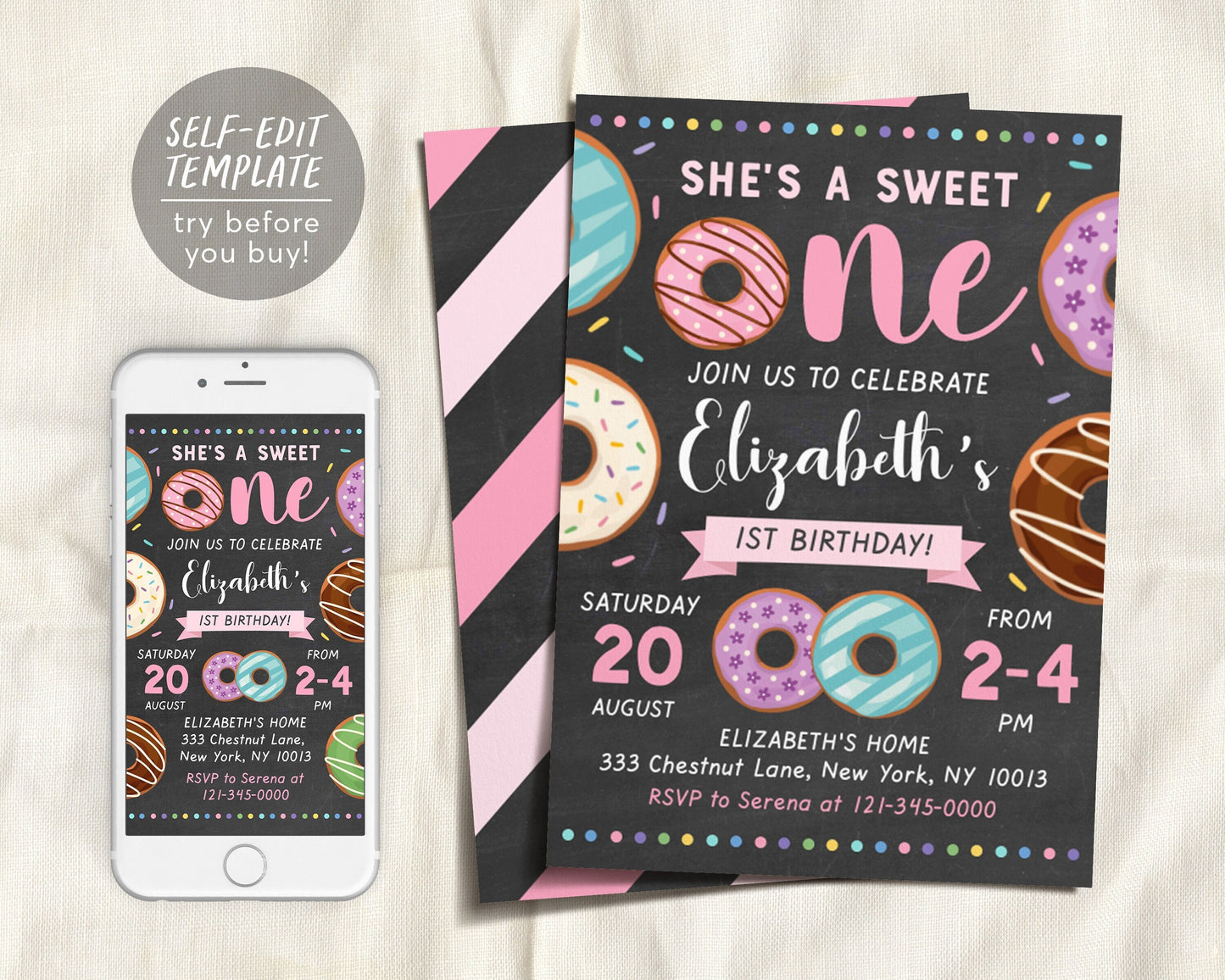She's a Sweet One Girl Invitation First Birthday Template, Editable Donut Invitation 1st Birthday, Chalkboard Sweet Celebration