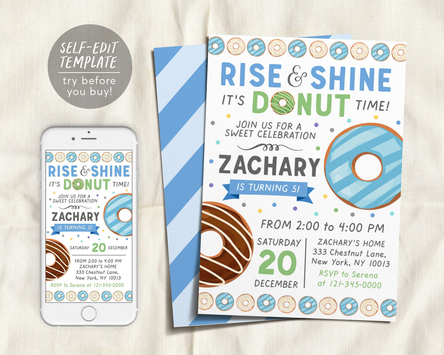 Editable Rise and Shine Donut Time Birthday Invitation Template, Boy Blue Sweet Doughnut Birthday, Donut Party Invite, Donut Invitation