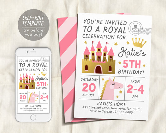 Editable Princess Birthday Invitation Template, Princess Party Invitation, Royal Birthday Invitation, Princess 5th Birthday Invitation