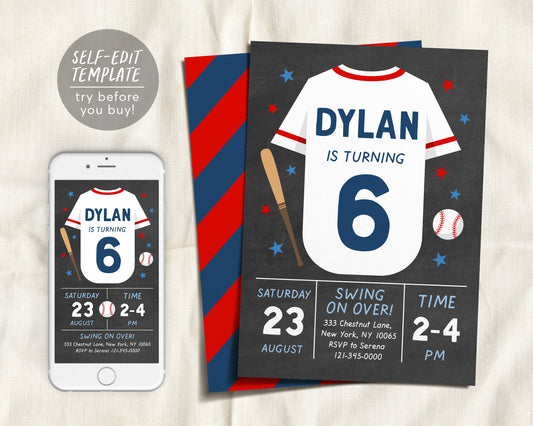 Baseball Birthday Invitation Template, Sports Birthday Invite, Baseball Jersey, Baseball Party Sports Invitation, 6th Birthday Boy