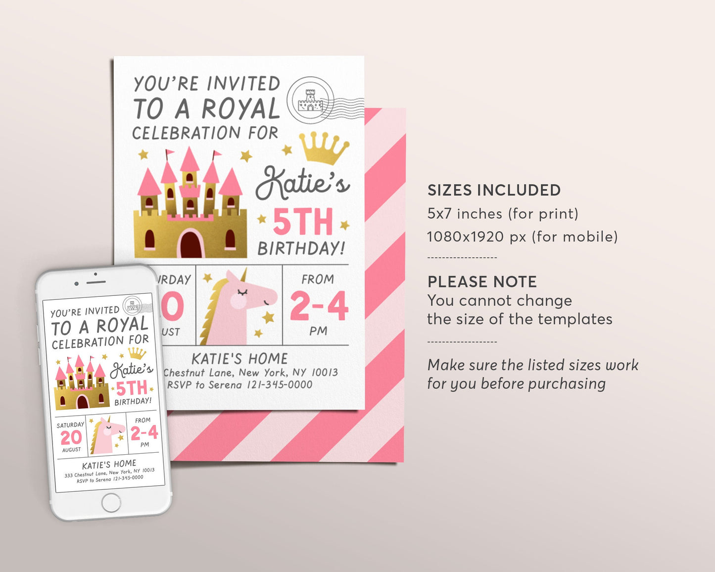 Editable Princess Birthday Invitation Template, Princess Party Invitation, Royal Birthday Invitation, Princess 5th Birthday Invitation