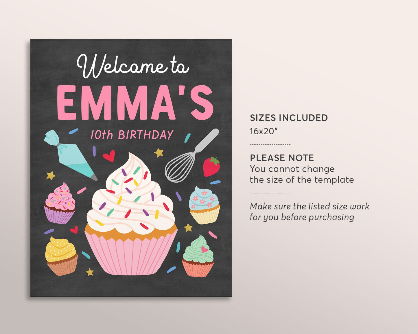 Editable Cupcake Birthday Welcome Sign Template, Girl Baking Party Birthday Chalkboard Welcome Sign Printable, Cooking Party Welcome Sign