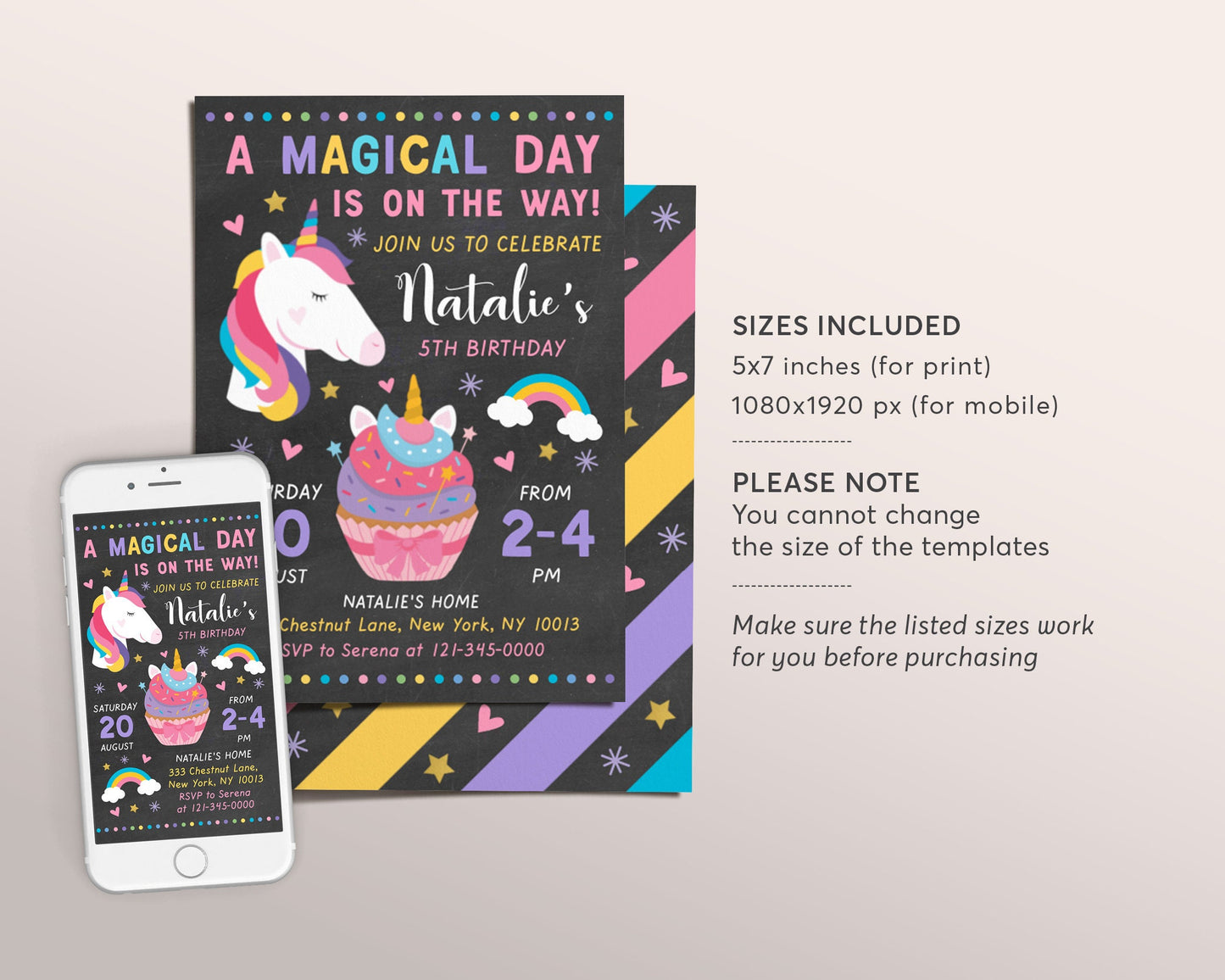 Editable Unicorn Birthday Party Invitation Template, Rainbow Magical Day Is On The Way Party Invite, Chalkboard Unicorn Cupcake Evite
