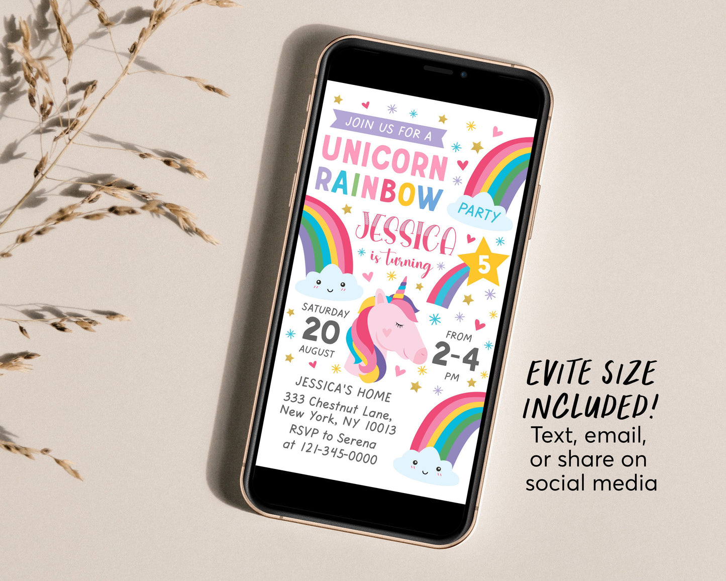 Editable Unicorn Rainbow Birthday Party Invitation Template, Girl Rainbow Magical Day Party Invite, Shooting Star Rainbow Birthday Evite