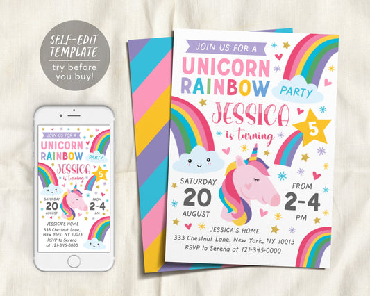 Editable Unicorn Rainbow Birthday Party Invitation Template, Girl Rainbow Magical Day Party Invite, Shooting Star Rainbow Birthday Evite