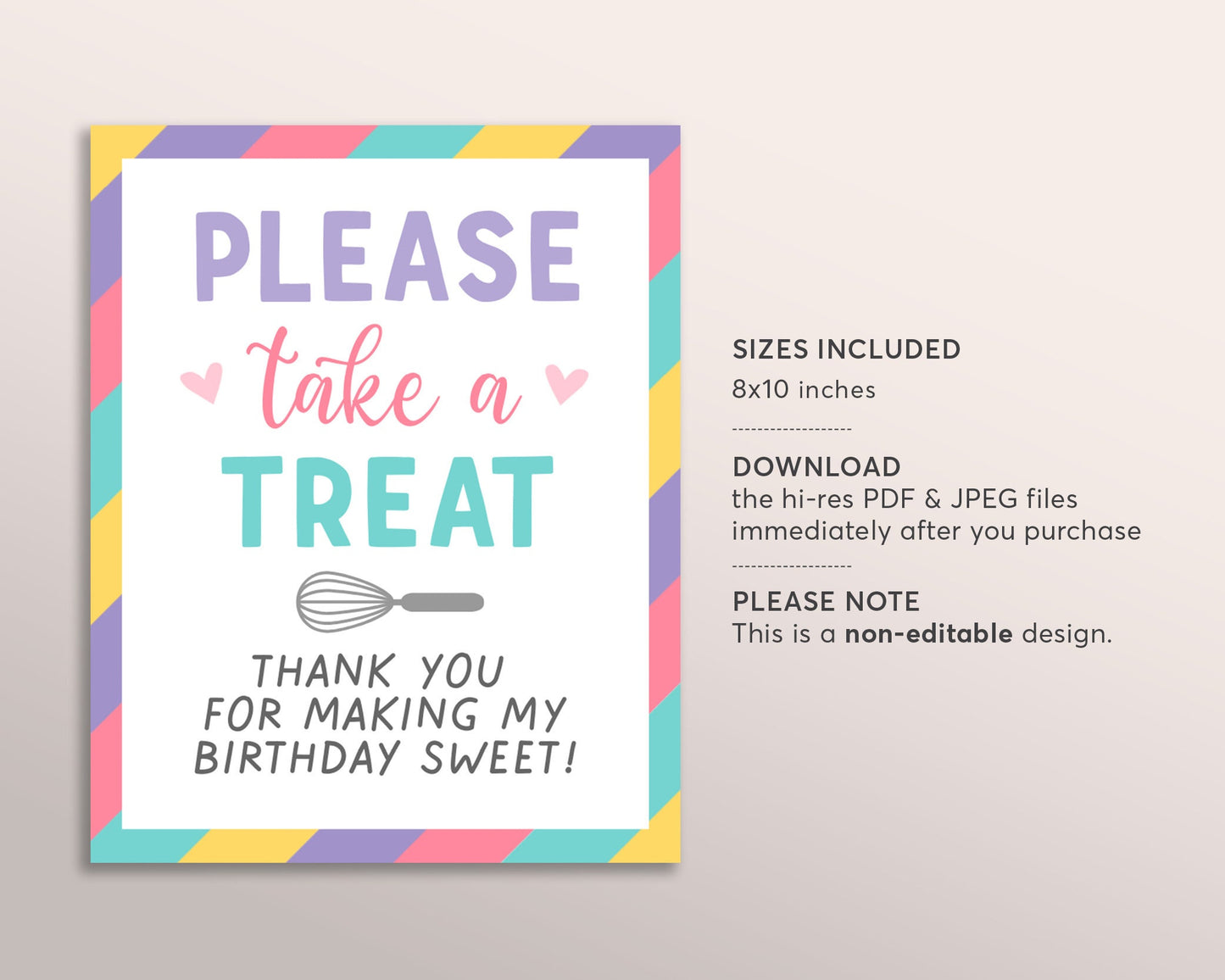 Take A Treat Sign Printable, Kids Baking Sign, Cupcake Decorating Birthday Party, Party Favors Sign, Girl Baking Party Decorations