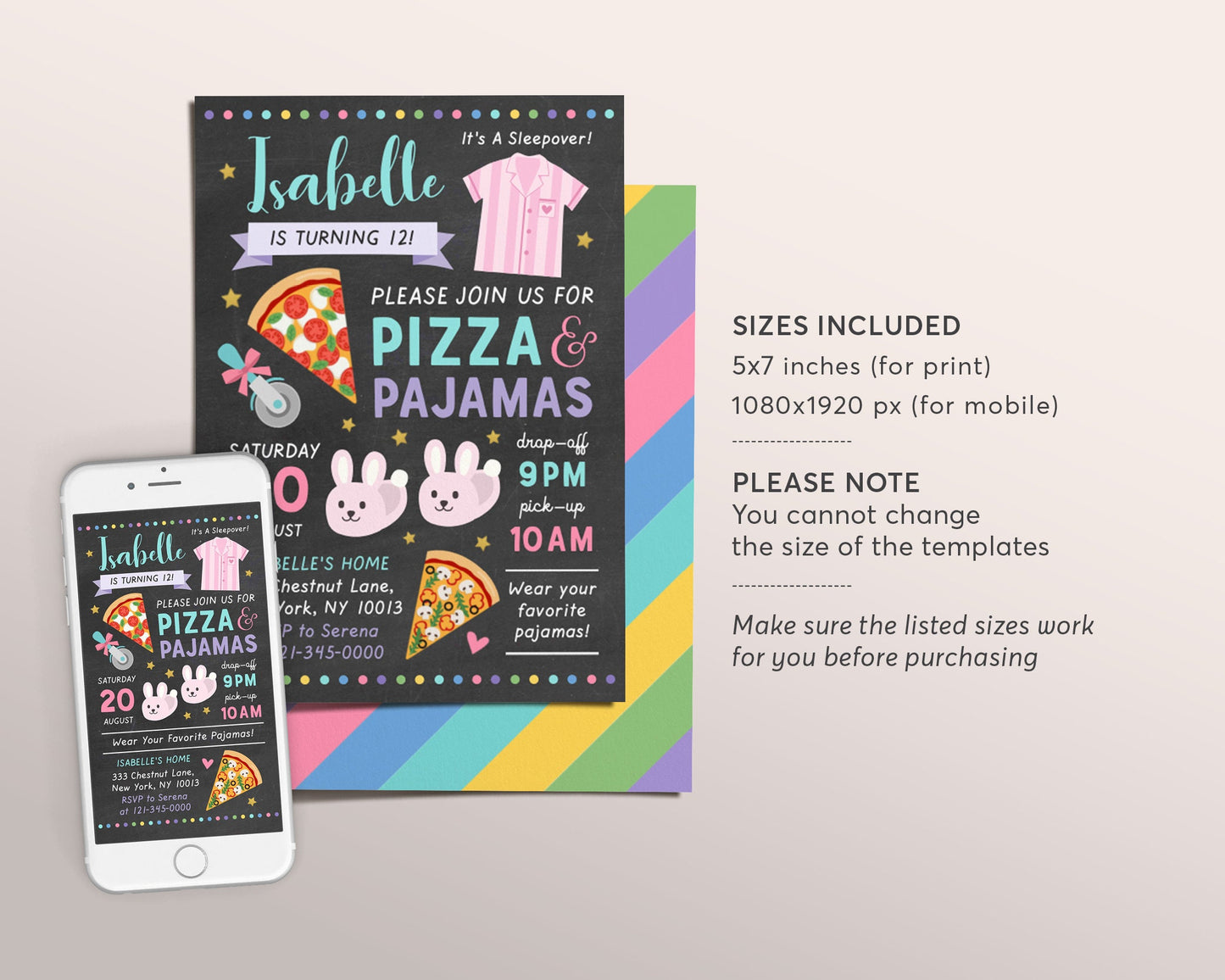 Editable Pizza and Pajamas Party Invitation Template, Kids Birthday Party Invite, Sleepover Party, Girl Teen Tween Printable, PJ Pyjamas