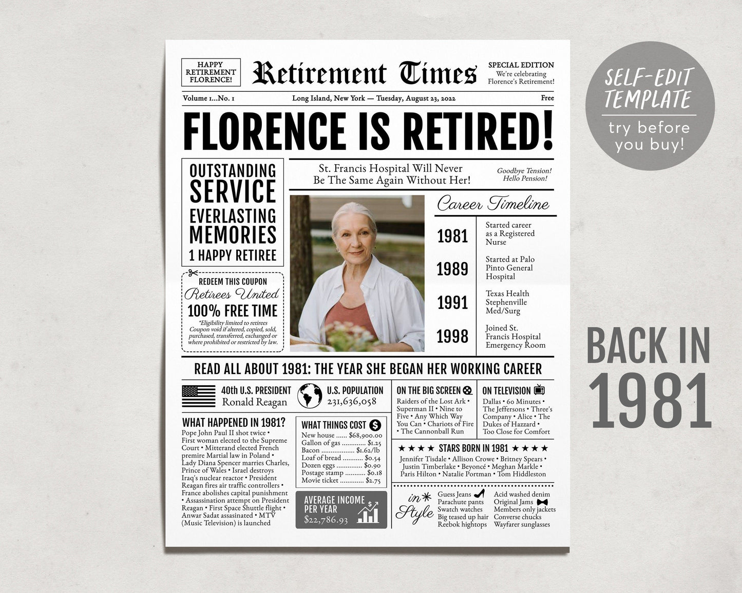 Retirement Gift for Men or Women Personalized, Retirement Card Poster Sign, Unique Retirement Party Decoration, Newspaper Back in 1981