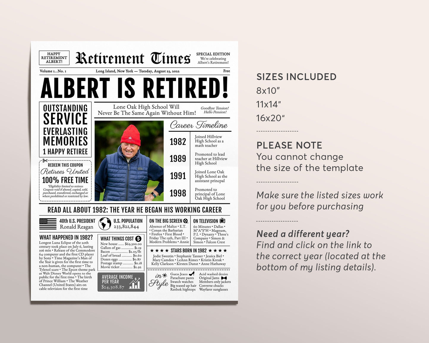 Personalized Retirement Gift for Men or Women, Editable Retirement Celebration Welcome Sign, Unique Party Decoration, Newspaper Back in 1982