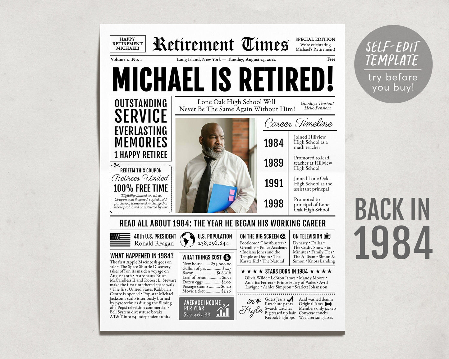 Unique Newspaper Retirement Gifts for Men or Women, Editable Retirement Celebration Welcome Sign, Retire Party Decor, History Back in 1984