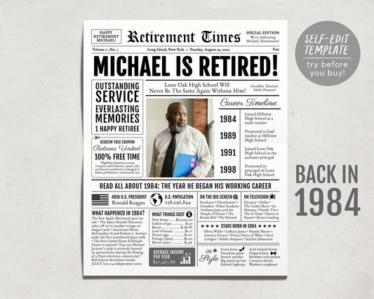 Unique Newspaper Retirement Gifts for Men or Women, Editable Retirement Celebration Welcome Sign, Retire Party Decor, History Back in 1984