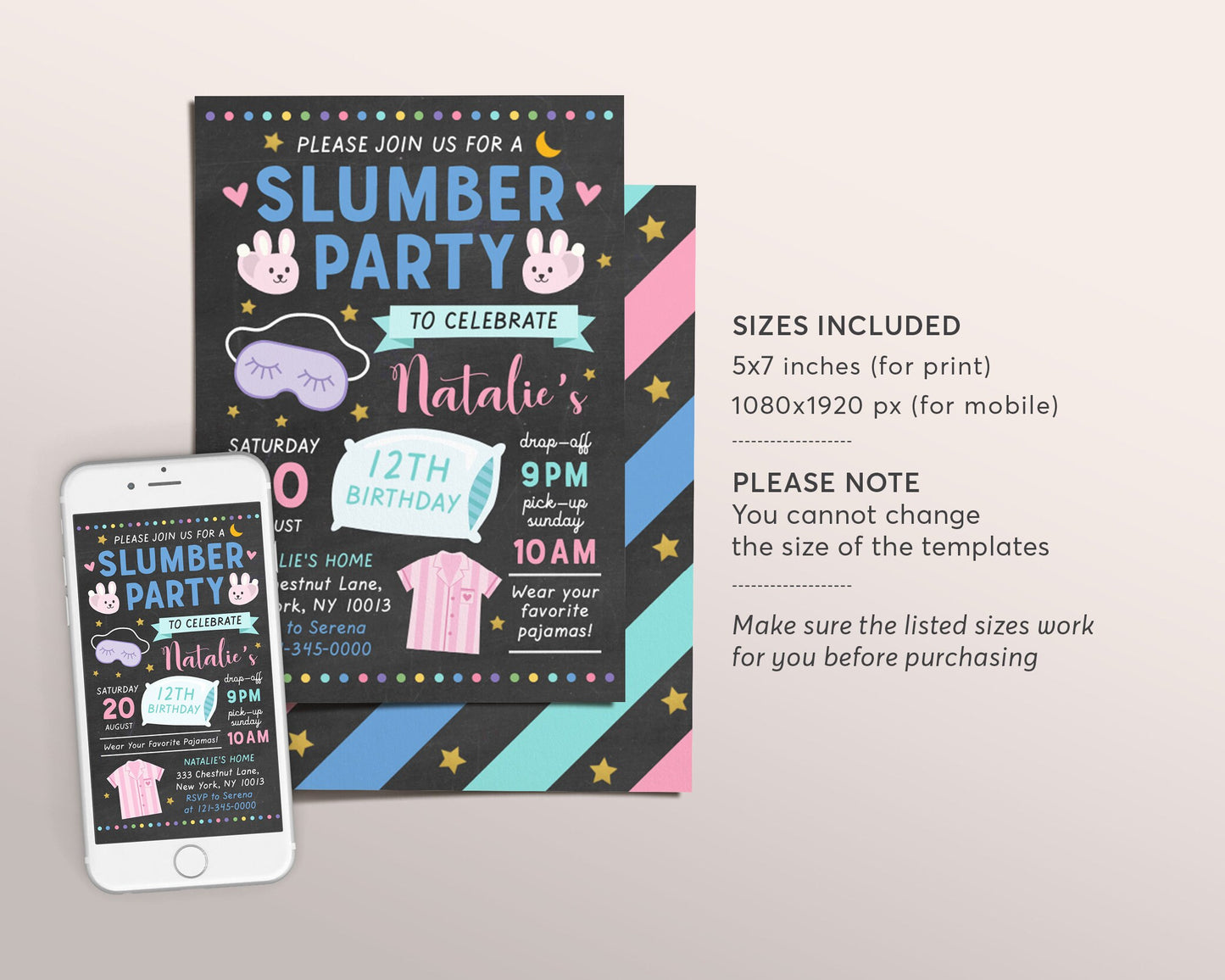 Slumber Party Invitation, Sleepover Birthday Digital Invitation, Chalkboard Teen Tween Girls Invite, Pajamas Sleep Over Evite, Movie Night