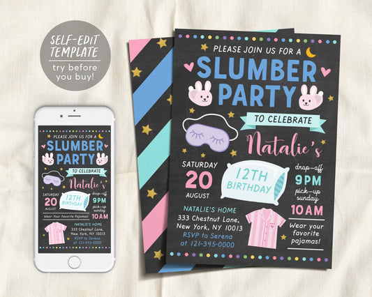Slumber Party Invitation, Sleepover Birthday Digital Invitation, Chalkboard Teen Tween Girls Invite, Pajamas Sleep Over Evite, Movie Night