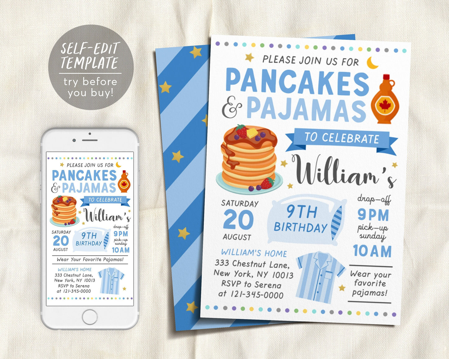 Boy Pancakes and Pajamas Party Birthday Invitation Template, Pancake Party Invite, Slumber Party, Sleepover Birthday Digital Invitation