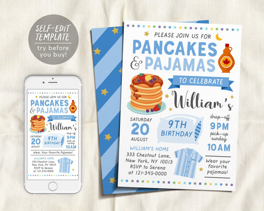 Boy Pancakes and Pajamas Party Birthday Invitation Template, Pancake Party Invite, Slumber Party, Sleepover Birthday Digital Invitation