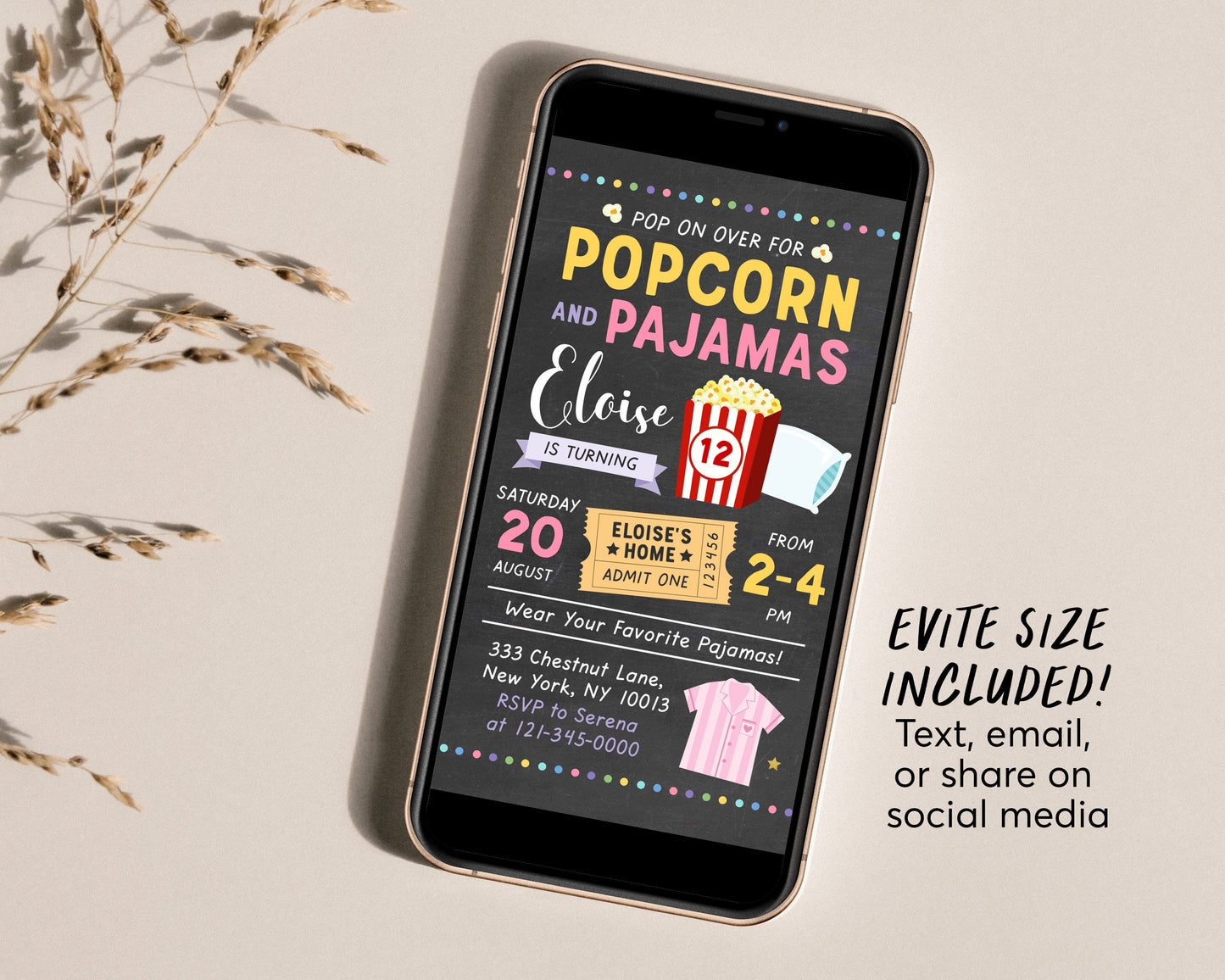 Popcorn and Pajamas Party Birthday Invitation Template, Editable Movie Night Invite, Slumber Party, Sleepover Birthday Digital Invitation