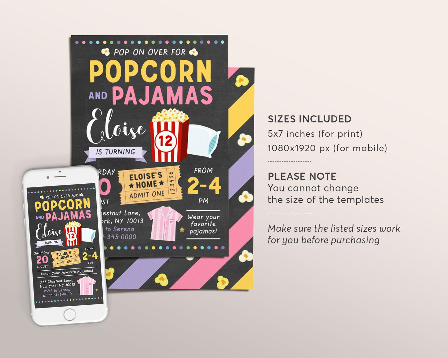 Popcorn and Pajamas Party Birthday Invitation Template, Editable Movie Night Invite, Slumber Party, Sleepover Birthday Digital Invitation