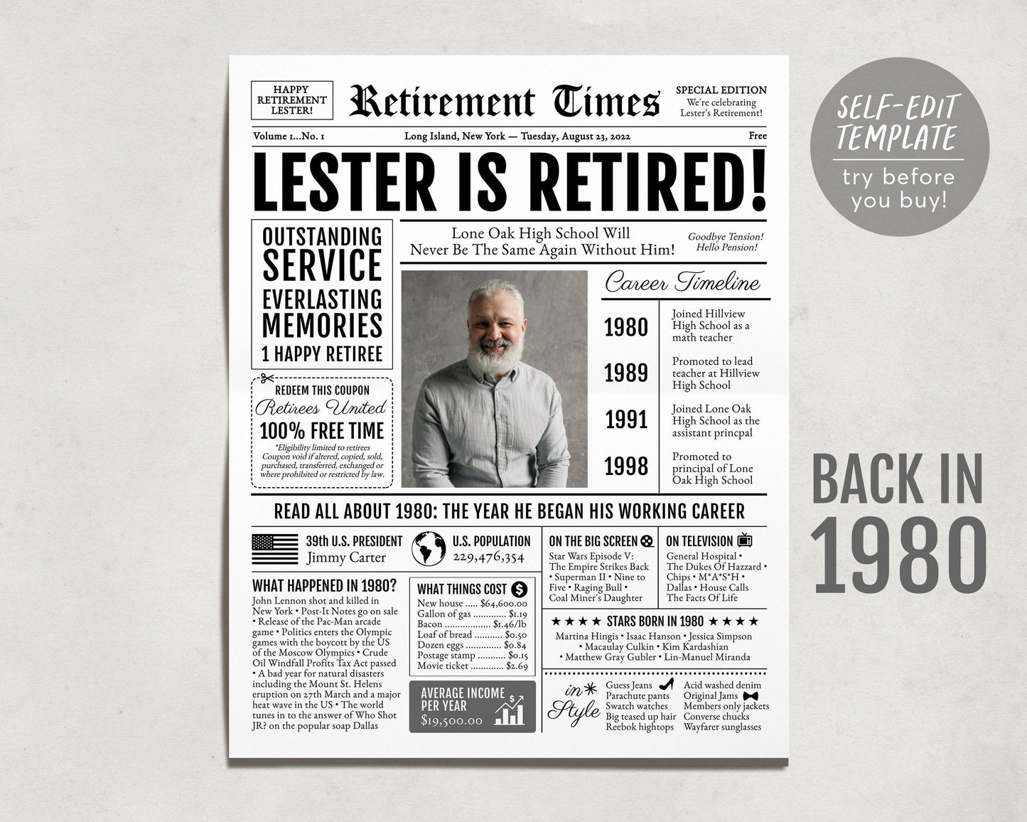 Retirement Gift for Men or Women, Editable Retirement Card Poster Sign, Unique Retirement Party Decoration, Newspaper Back in 1980