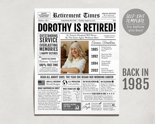 Retirement Gift for Men or Women Personalized, Retirement Card Poster Sign, Unique Retirement Party Decoration, Newspaper Back in 1985